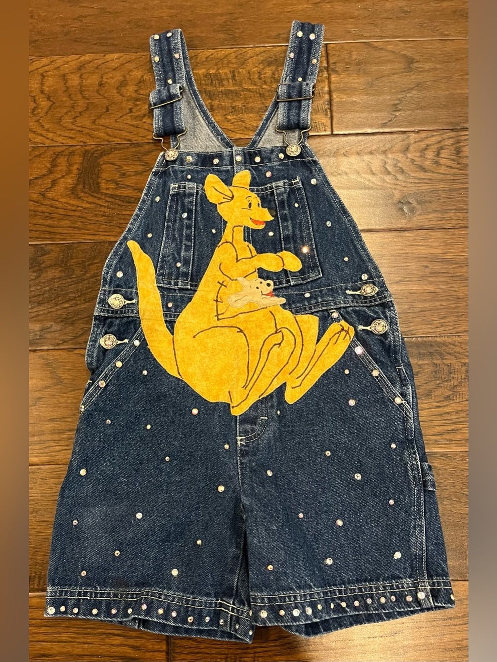 Oshkosh Girls Blue Jean Denim Overalls Kangaroo Graphic Rhinestones Size 7 CUTE - Picture 1 of 9